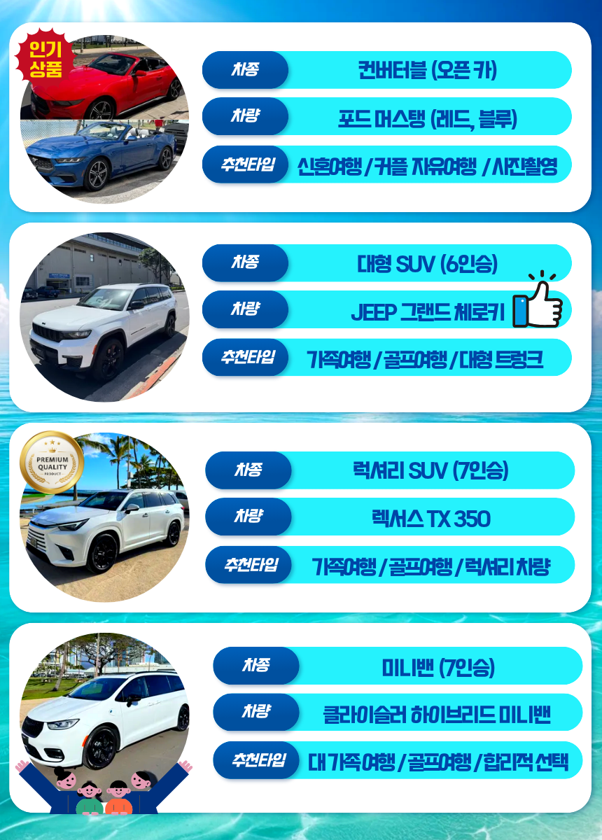 하와이 여행, 렌트카 타입 안내